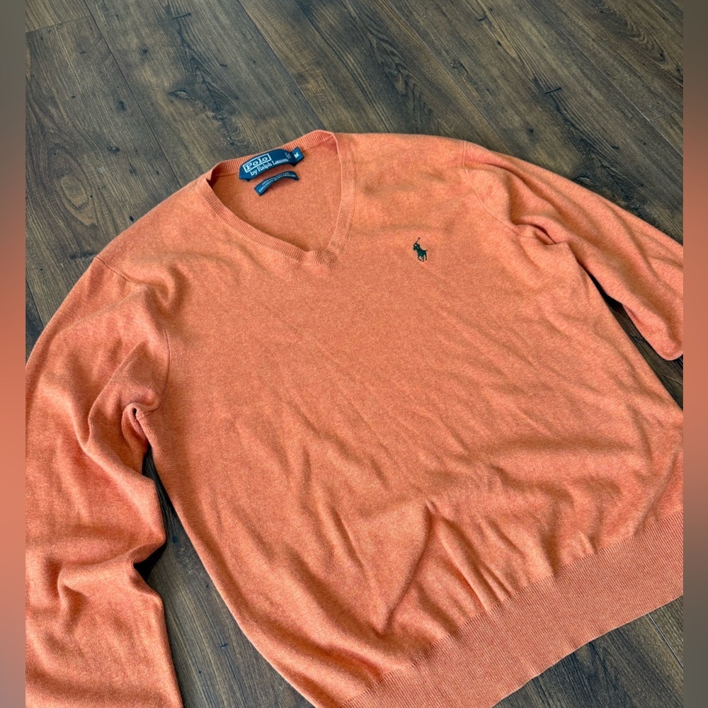 Polo Ralph Lauren Men's V Neck Sweater 100% Pima Cotton Orange W/ Green Pony M - Picture 2 of 6
